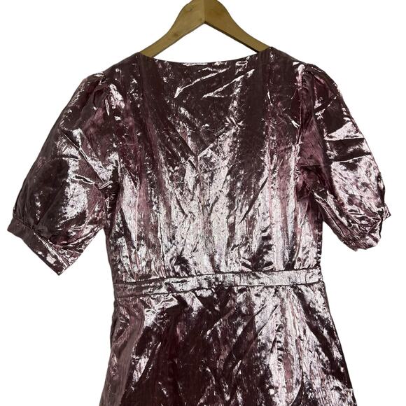LoveShackFancy Pink Metallic Gabriella Lame Puff Sleeve Bow Mini Dress Size L - Picture 7 of 13